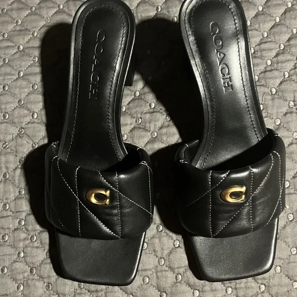 Coach Black Quilted Mules with Gold Accent - Picture 2 of 10